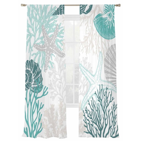 Underwater World Sheer Curtains 84 inches Long 2 Panels Set Coastal Turquoise Grey Shell Conch Sheer Drapes Rod Pocket Window Curtains for Living Room/Bedroom