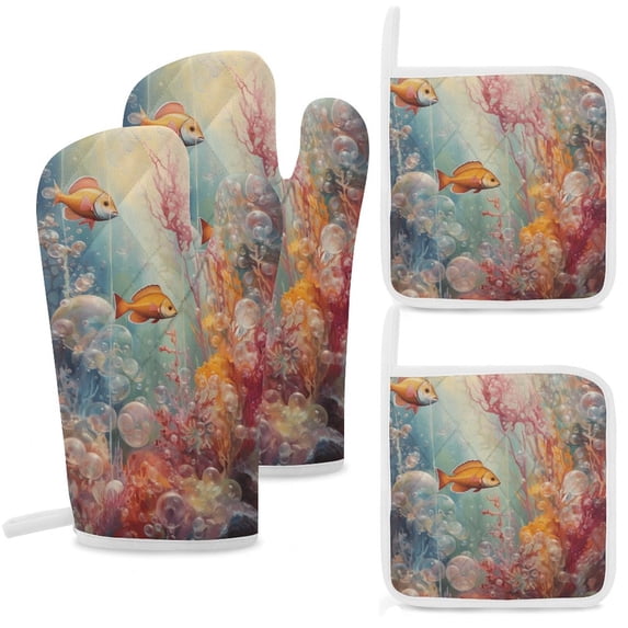 Underwater World Ship Coral Insulated Gloves And Pot Mats (four Piece Set)