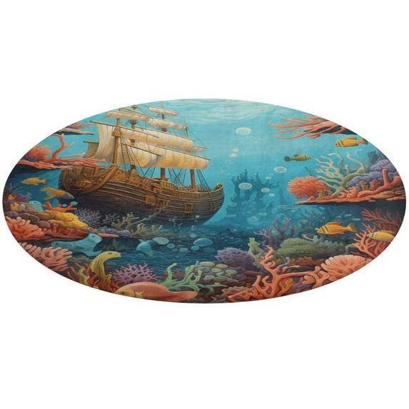 Underwater World Ship Coral Washable Round Rug -Circle Area Rugs for Nursery Bedroom, Vintage Non Slip Non Shedding Low Pile Carpet for Living Room Coffee Table Entryway