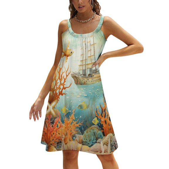 Underwater World Ship Coral Womens Summer Dresses Casual Sleeveless Tshirt Sundresses Vacation Beach Cover Up Dress