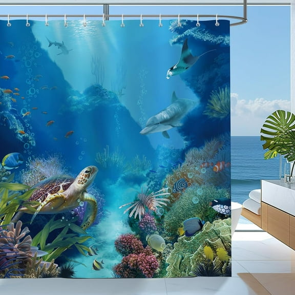 Underwater World Shower Curtain for Bathroom Blue Ocean Tropical Fish Turtle Dolphin Decorative Bath Curtain 72 x 72 Inch Polyester Fabric Waterproof Bathroom Curtain with 12 Hooks