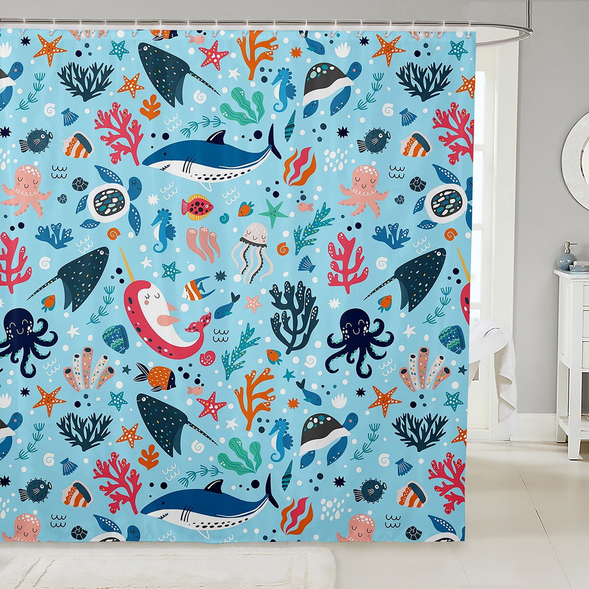 Underwater World Shower Curtain, Cute Dolphin Shark Fabric Shower Curtain, Colorful Marine Life ...