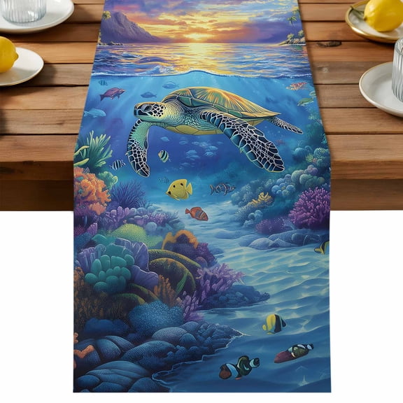 Underwater World Table Runner, Sea Turtle Coral Tropical Fish Cotton Linen Table Cloth, Tablerunner for Kitchen Dining Party Wedding Home Decor 13x36 Inch