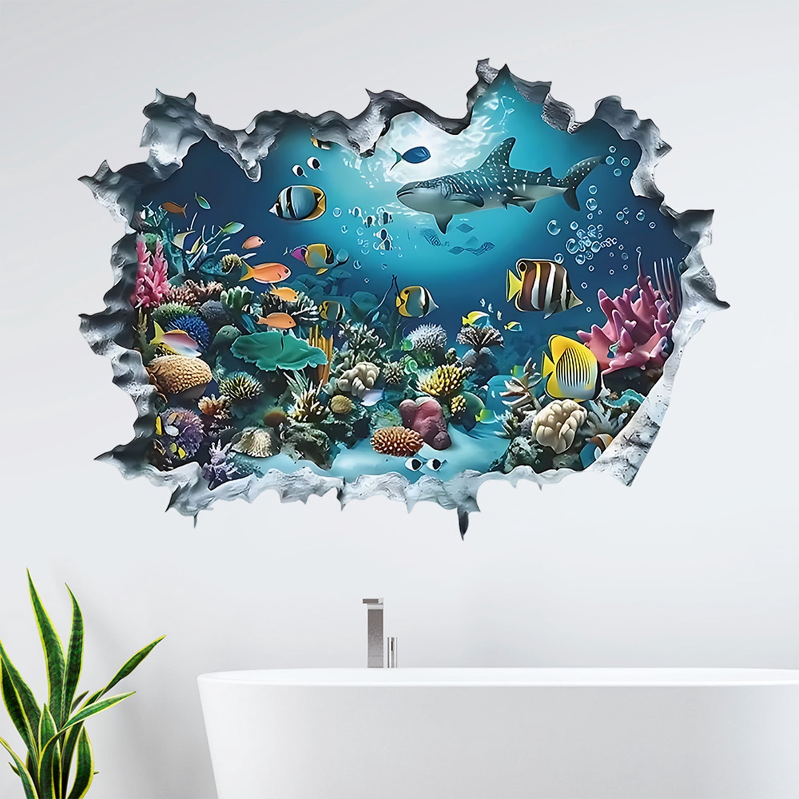 Underwater World Wall Stickers for Bathroom, Broken Wall 3D Ocean Theme ...