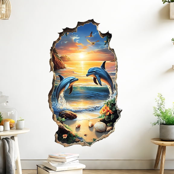 Underwater World Wall Stickers for Bathroom, Broken Wall 3D Ocean Theme Decor, Waterproof Sanitary Wall Decals, Sea Life Mural for Kids and Home