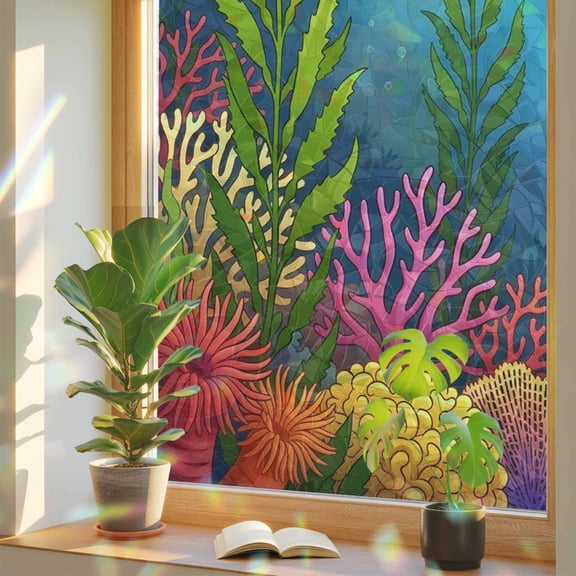 Underwater World Window Privacy Film, Colorful Coral Seaweed Sunbeams Light Stained Glass Rainbow Film Decorative Window Clings, Static Cling Sun Blocking Stickers 17.7" x 39.3"