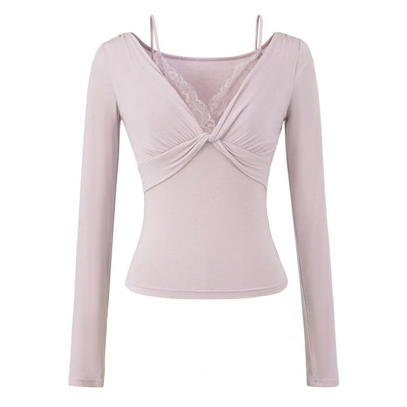Underwear Base Layer for Women Ndbuld Women's Solid Color Long Sleeved V-neck Lace Patchwork Bottom Shirt Top Purple,L