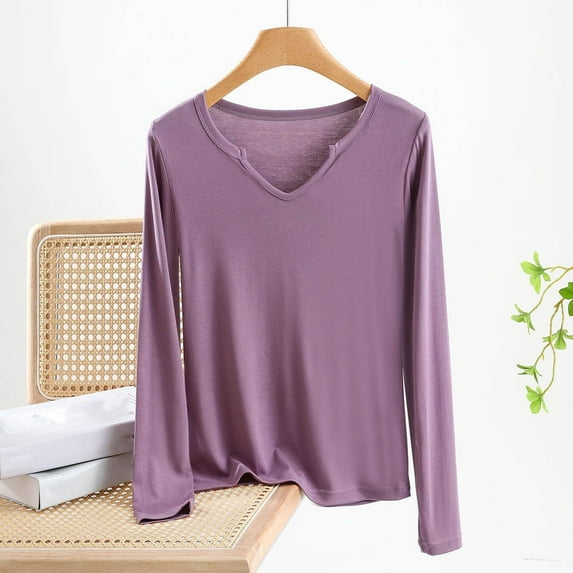 Underwear Base Layer for Women Women's Color Long-sleeved V-neck Undershirt Top,Purple,XL