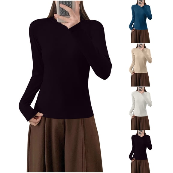 Underwear Base Layer for Women Women's Fashion Solid Color Long Sleeve T-shirt Round-Neck Leisure Cultivation Tops,Black,XXL