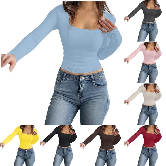 Underwear Base Layer for Women Women's Fashionable Casual Solid Color U-neck Bow Splicing Long Sleeved Base Shirt Top,Sky Blue,M