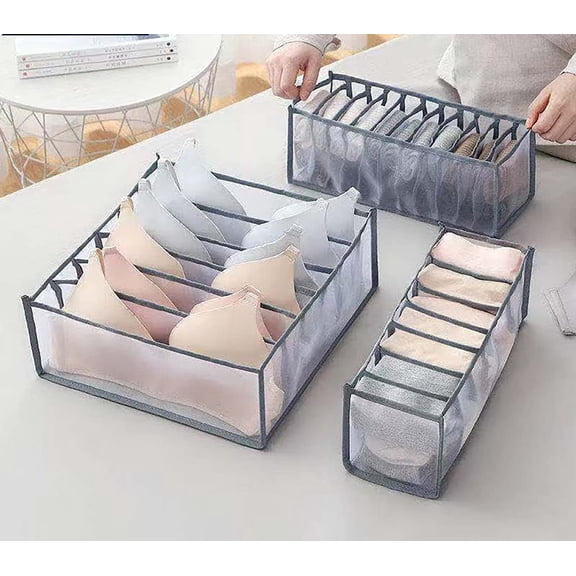Underwear Drawer Organizer, 3 Packs Foldable 6/7/11 Cell Foldable Closet Organizers Storage Boxes for Underwear/Socks/Bras/Ties Clothes Storage (Grey) (Grey)