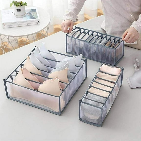 Underwear Drawer Organizer Divider - 3 Set Foldable Bra Underwear Storage Box Includes 6/7/11 Compartments for Socks Bras Ties (Gray)
