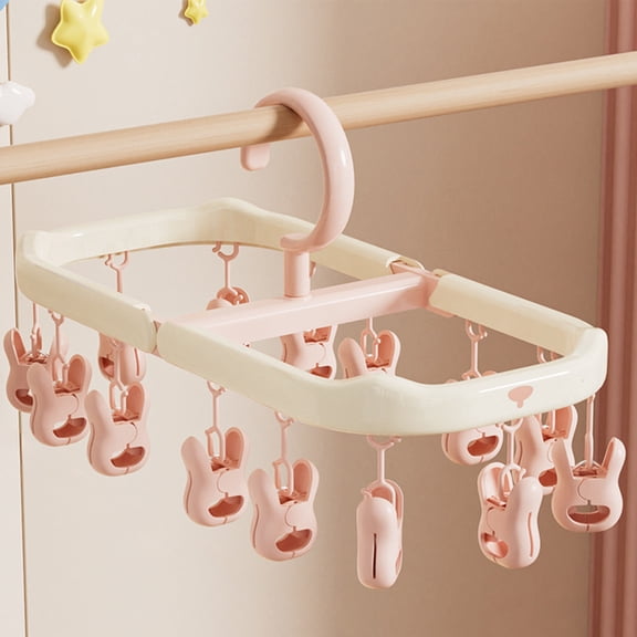 Underwear Drying Rack, Rustproof Clothes Hanger Washing Line Windproof Hanging for Socks Underwear Magic Space Saving Hangers with 14 Clips,Pink