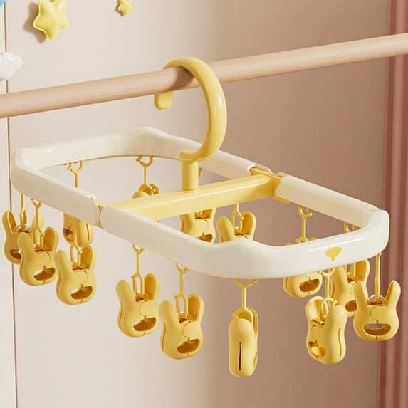 Underwear Drying Rack, Rustproof Clothes Hanger Washing Line Windproof Hanging for Socks Underwear Magic Space Saving Hangers with 14 Clips,Yellow