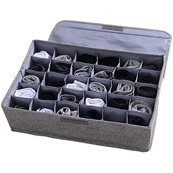 Underwear Socks Ties Storage Organizer with Lids Foldable Closet Drawer Organizer 30 Cells, Fabric Wardrobe Divider Storage Box for Scarves and Lingerie (30 Cell, Gray)