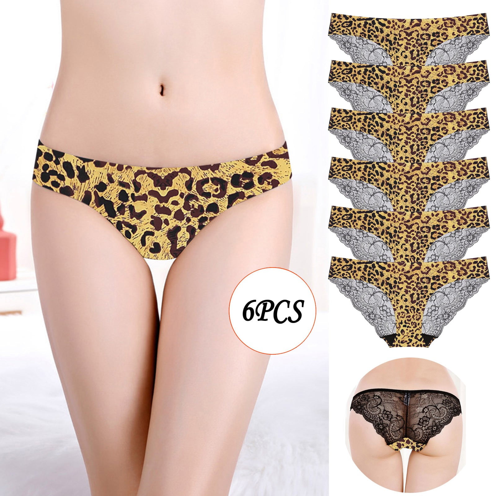 Underwear Women 6PCS Ladies Low- Transparent Leopard Print Lace Breathable  Underpants 