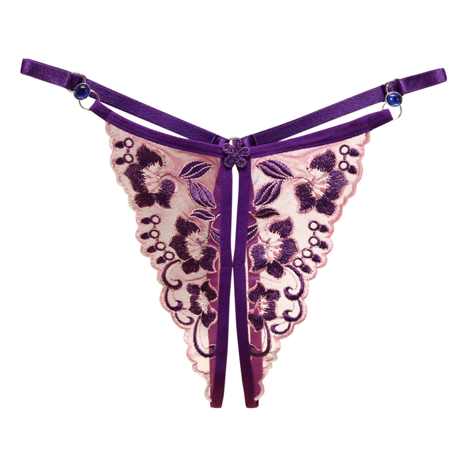 Underwear for Women Embroidered Diamond Belt Adjustable Knot Open File Thong Panties