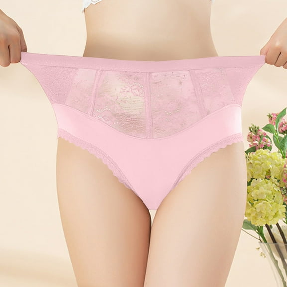 Underwear for Women Sexy Comfortable Women's Solid Color High Waisted Bikini Lace Ice Silk Underwear Pink M