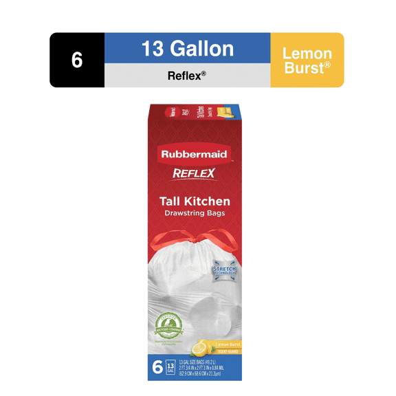 Rubbermaid Reflex Scented 13-Gallon Drawstring Kitchen Residential Wastebasket Liners, Lemon Burst, 6 Bags