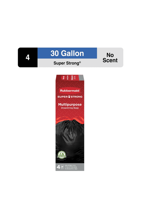 Super Strong 30-Gallon Drawstring Large Trash/Garbage bags Unscented, 4 Bags