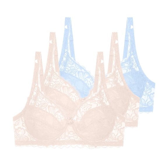 Underwire Bras For Women 3 Pack Lace Solid Color Full Coverage Thin Bralettes Push Up Plus Size Bras Everyday Wear (100C, Light Blue,2*Beige)