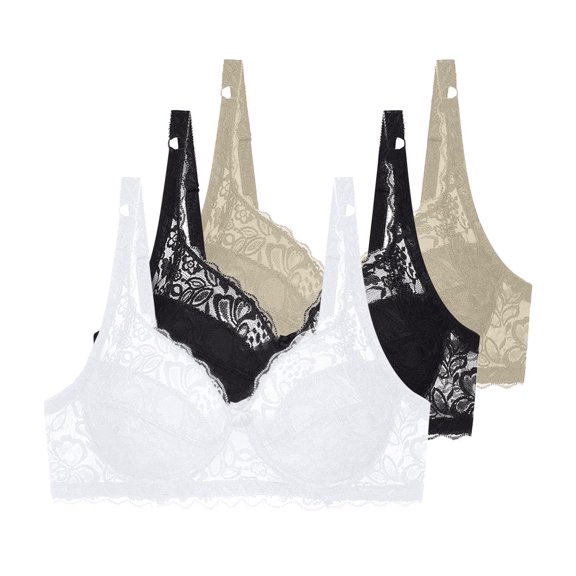Underwire Bras For Women 3 Pack Lace Solid Color Full Coverage Thin Bralettes Push Up Plus Size Bras Everyday Wear (95C, White,Khaki,Black)