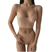 Underwire Cute Push Up Strappy Embroidered Mesh Sheer Lingerie Set See Through Panty Bra