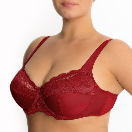 Underwire Full Coverage Bra Wide Straps Unlined Plus Size 34-48C-G H I J K ( 36C, Ruby Red)