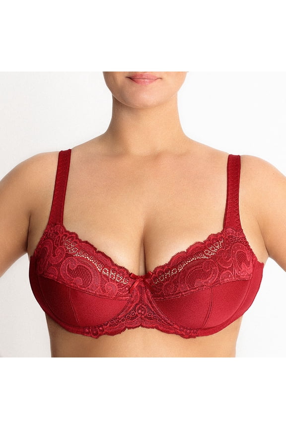 Underwire Full Coverage Bra Wide Straps Unlined Plus Size 34-48C-G H I J K ( 36D, Ruby Red)