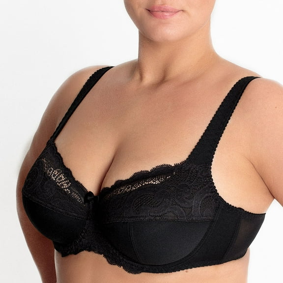 Underwire Full Coverage Bra Wide Straps Unlined Plus Size 34-48C-G H I J K ( 36DDD/F, Black)