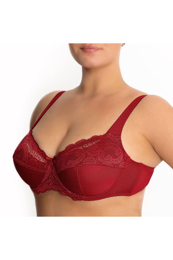 Underwire Full Coverage Bra Wide Straps Unlined Plus Size 34-48C-G H I J K ( 40C, Ruby Red)