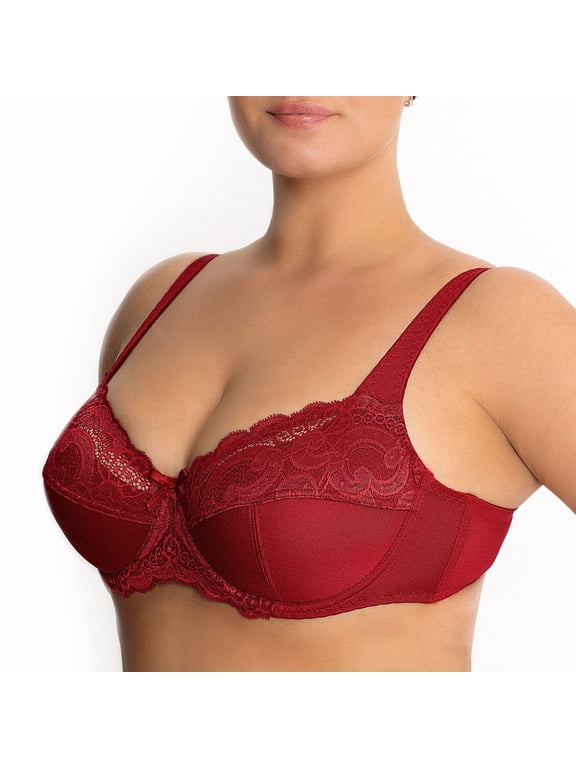 Underwire Full Coverage Bra Wide Straps Unlined Plus Size 34-48C-G H I J K ( 40C, Ruby Red)