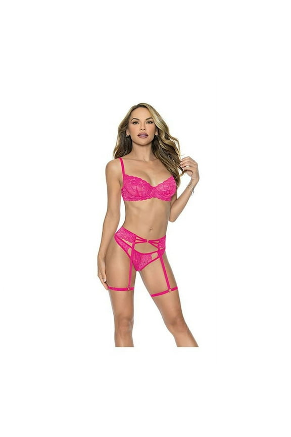 Underwire Lace Bra, Garterbelt & G-String Pink Small