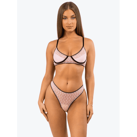 Underwire Mesh Bra And Thong Set With Heart Pattern And Contrast Trim