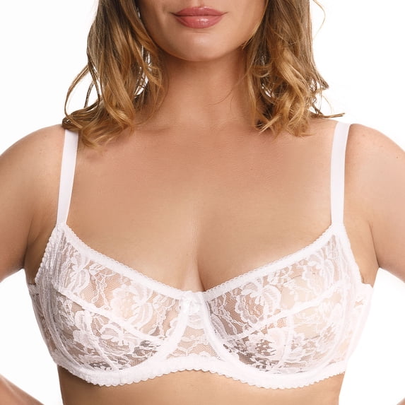 Underwire Sheer Lace Bra Plus Size Lingerie Comfort Fit 32 34 36 38 40 42 B C D E F G H I ( 32F/DDD, White)