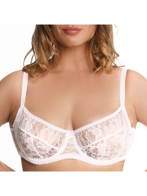 Underwire Sheer Lace Bra Plus Size Lingerie Comfort Fit 32 34 36 38 40 42 B C D E F G H I ( 32F/DDD, White)