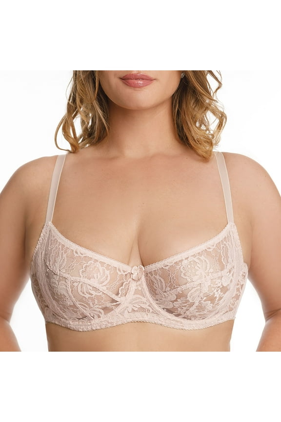 Underwire Sheer Lace Bra Plus Size Lingerie Comfort Fit 32 34 36 38 40 42 B C D E F G H I ( 34F/DDD, Nude)