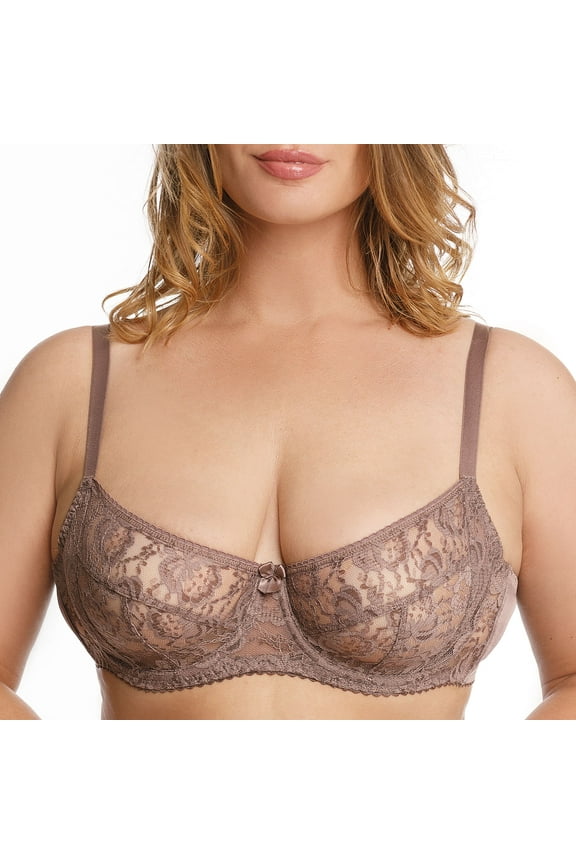 Underwire Sheer Lace Bra Plus Size Lingerie Comfort Fit 32 34 36 38 40 42 B C D E F G H I ( 36F/DDD, Cocoa)