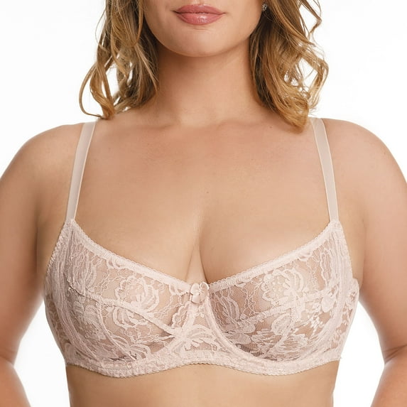Underwire Sheer Lace Bra Plus Size Lingerie Comfort Fit 32 34 36 38 40 42 B C D E F G H I ( 38B, Nude)