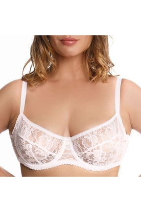 Underwire Sheer Lace Bra Plus Size Lingerie Comfort Fit 32 34 36 38 40 42 B C D E F G H I ( 38I, White)