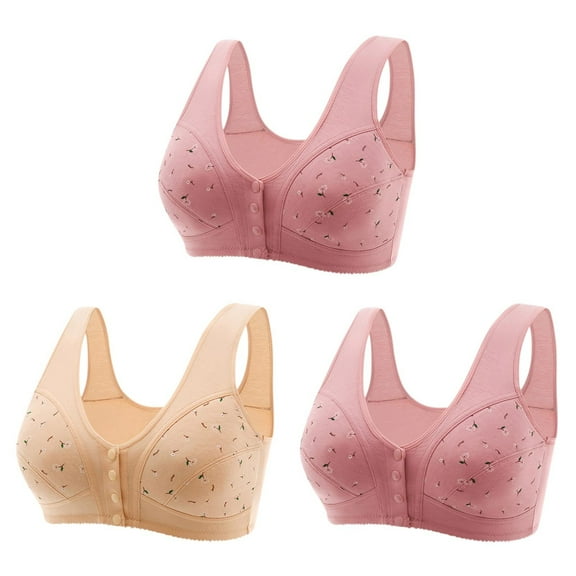 Underwire Sports Bras for Women 3 Pack Everydays Printed Bras Womens Front Button Snaps Closure Wireless Bralettes Older Women Full Cover Bras Comfy Sports Bras Beige L