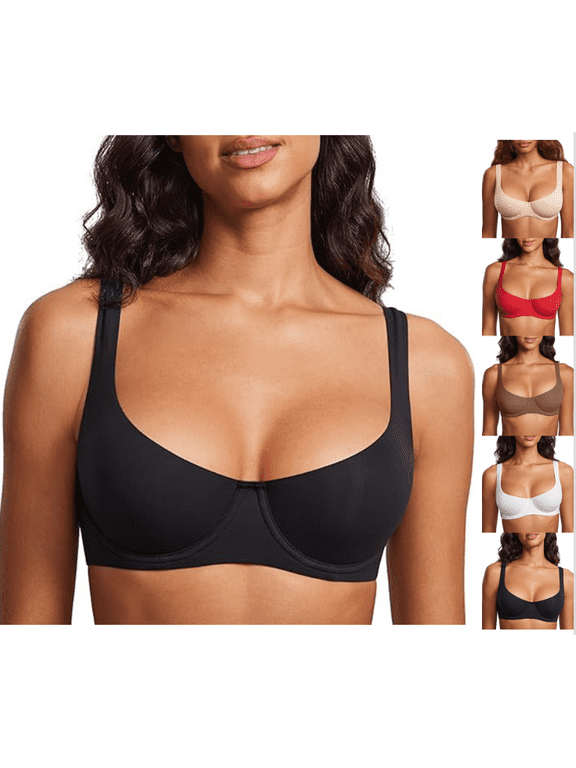 Underwire Support Seamless Bra, Smooth Unlined Demi Cup Push Up Bra for Women, with Adjustable Straps (Black,42E)
