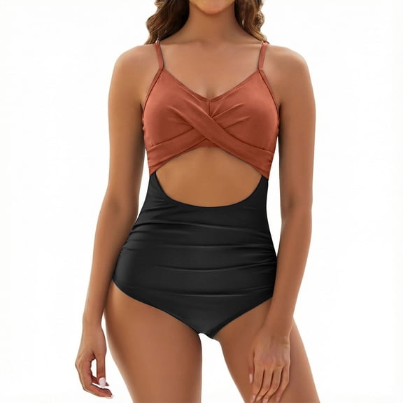 Underwire Swimsuits for Women Women Solid Color Back Set Swimsuits Bathing Suits Tankinis Swimwear Coffee,2XL