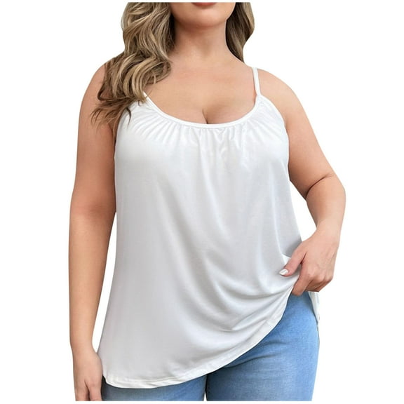 No Underwire Tank Top Bras Women Plus Size Camis Crew Neck Tank Tops Fixed Cup Sleeveless Camisole Bralettes Solid Color Casual Tops Smoothing Comfort Underwear