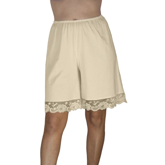 Underworks Women's 9-Inch Inseam Lace Trimmed Cotton Knit Pettipants, Beige, Large
