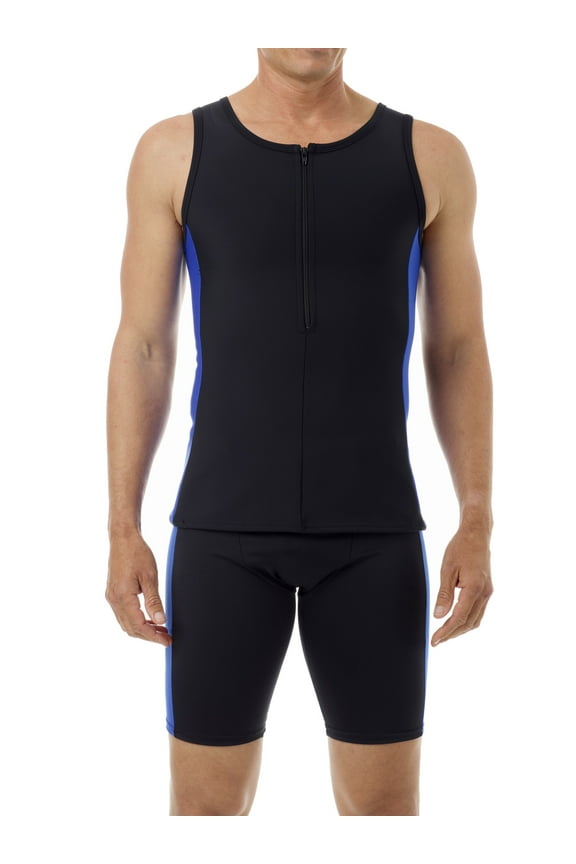 Men Sleeveless Gynecomastia Compression Performance Swim Top Black/Blue X-Large