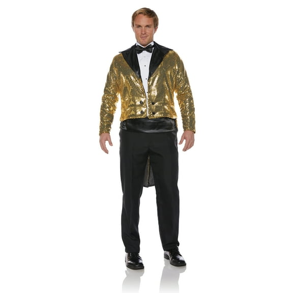 Sequin Tails Costume Handsome Men's Tuxedo Style Party Blazer Features Fully Lined Sequined Long Sleeve Swallow Tailed Tuxedo Blazer with Black Satin Trim Lapel