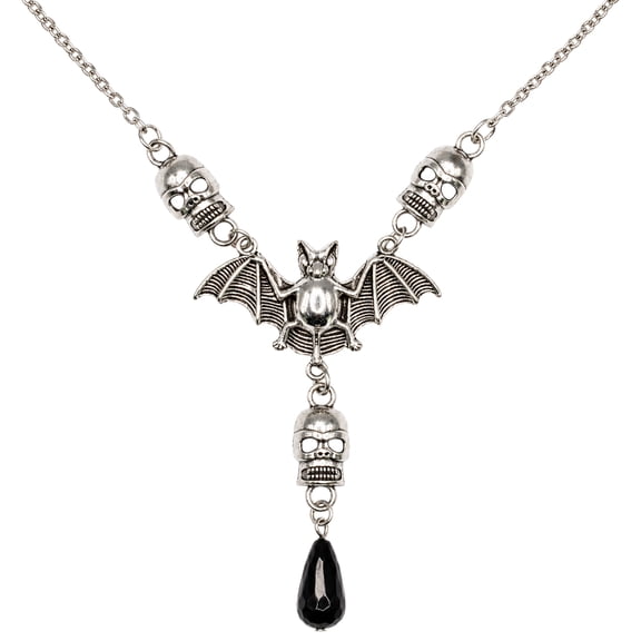 Underwraps Bat & Skull Gothic Necklace for Women, Halloween Rhinestone Pendant Jewelry, Adjustable Chain, Spooky Costume Accessory One Size