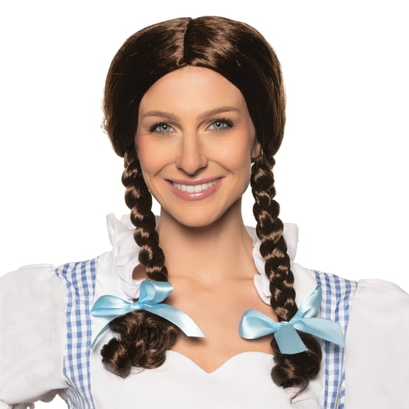 Underwraps Brown Twin Braided Wig With Light Blue Ribbon Ties, Long Thick Costume Braids, Adjustable Lightweight Cosplay Hair Accessory One Size