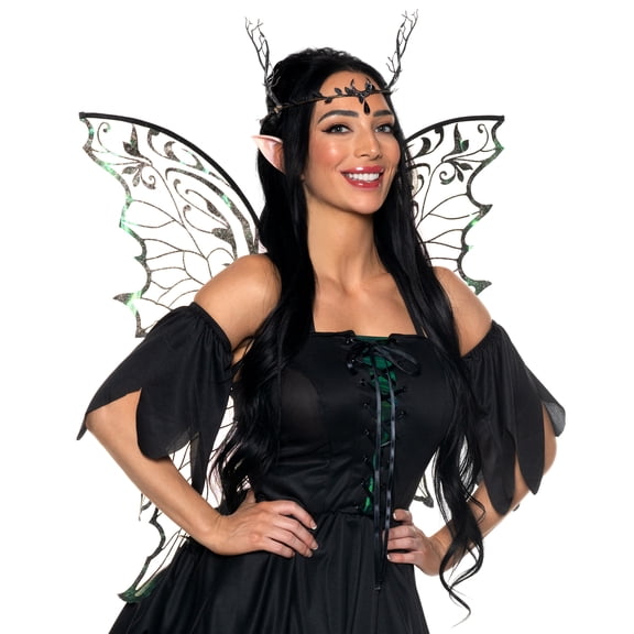 Underwraps Dark Fairy Accessory Kit, Black Wings, Branch Crown Headband, And Pointed Elven Ears Set For Adult Halloween, Gothic Cosplay Outfits One Size